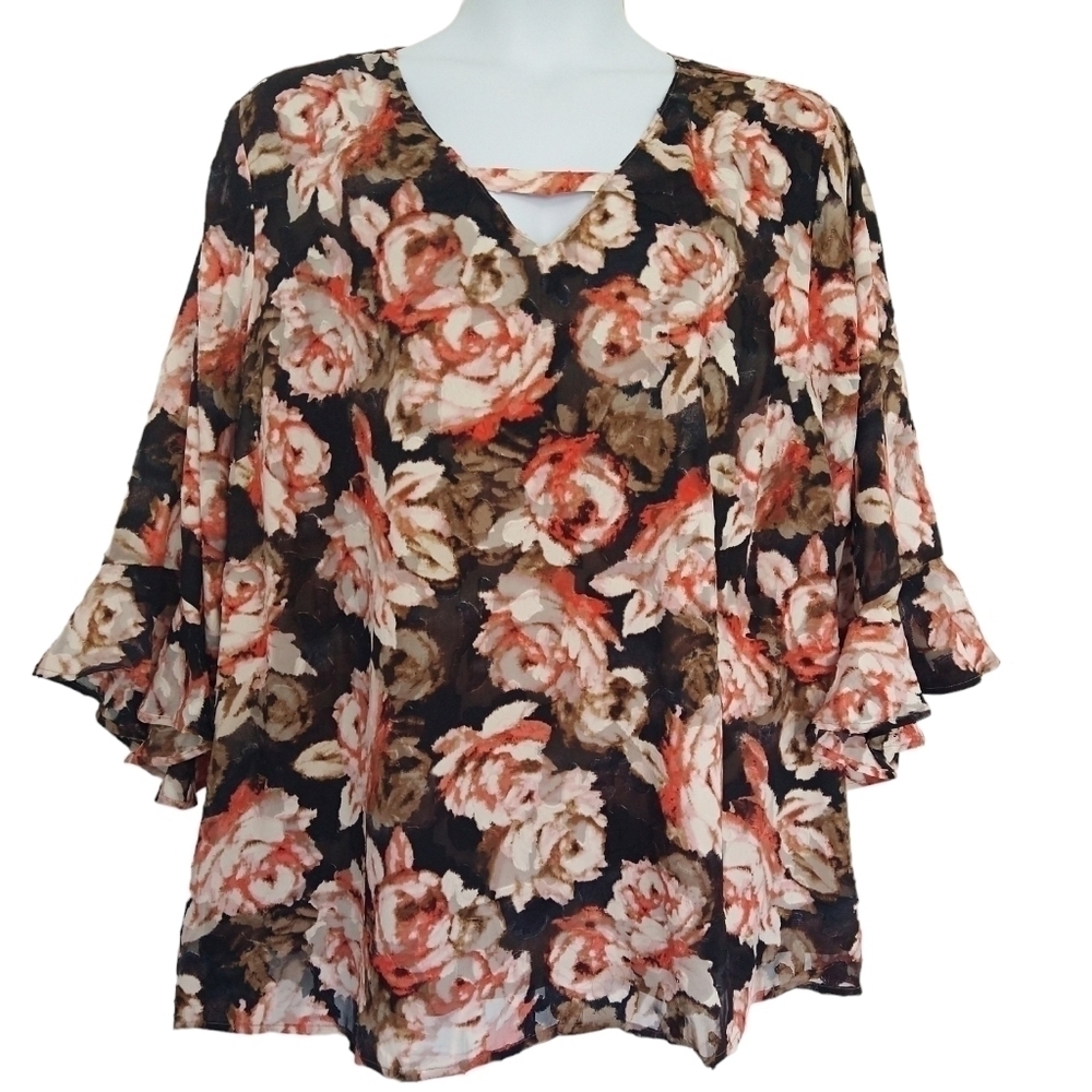 Catherines Black Floral Burnout V-Neck Blouse 3/4 Bell Sleeves Elegant Romantic